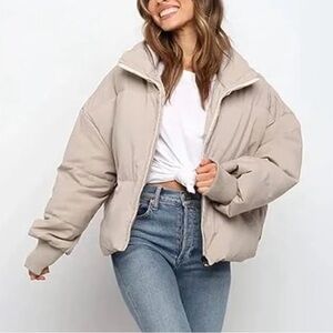 Beige Cream Puffer Coat Warm Quilted Zip Up Jacket NEW